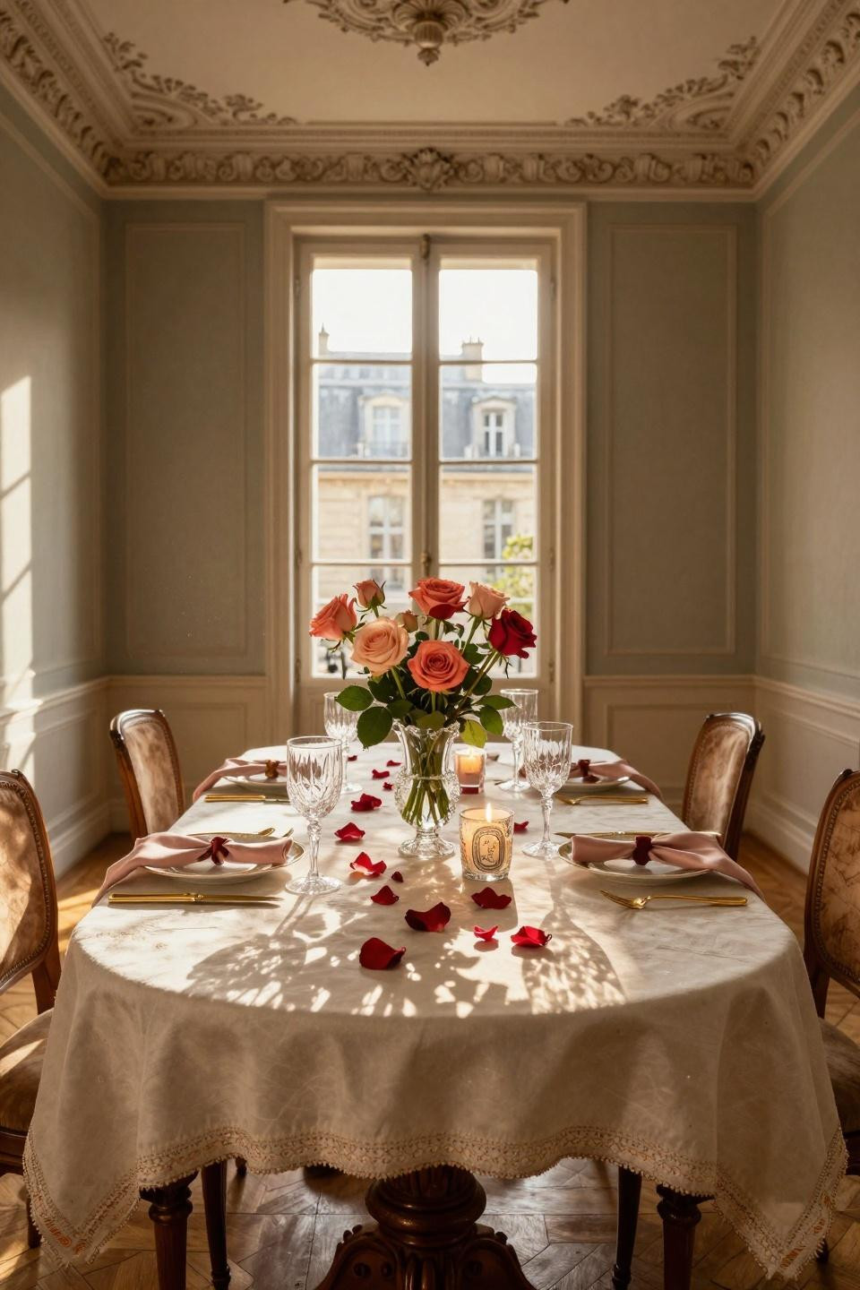 Valentines Day Tablescapes with walnut burl table and David Austin roses