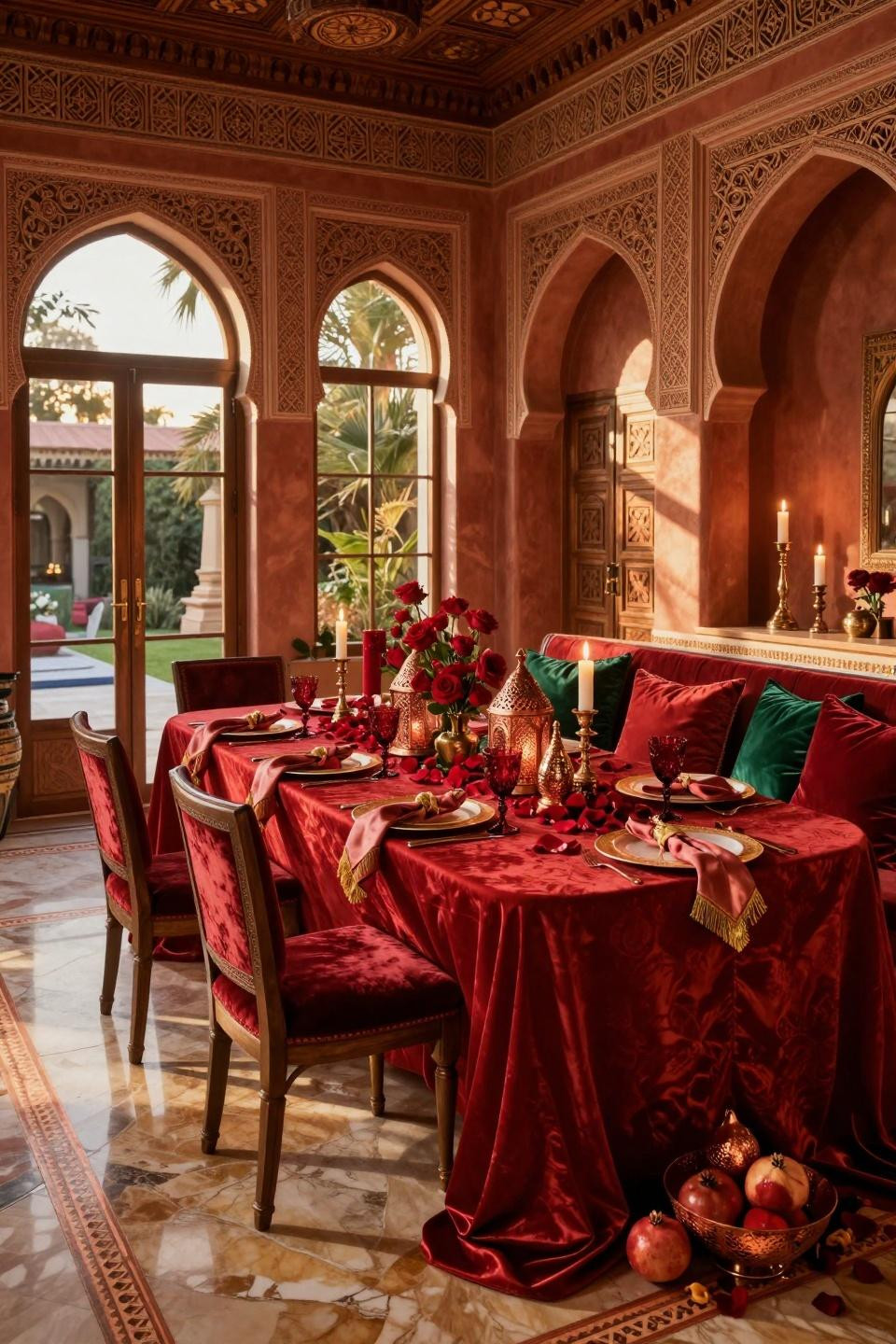Valentines Day Tablescapes with Moroccan copper lanterns and silk damask