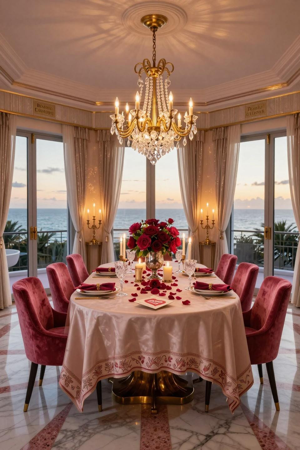Valentines Day Tablescapes with Calacatta marble and brass chandelier