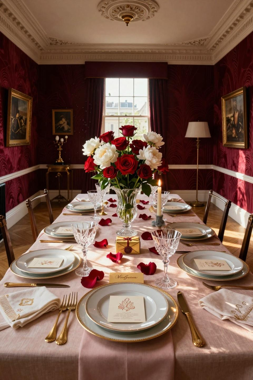 Valentines Day Tablescapes with gold-rimmed Limoges and brass flatware