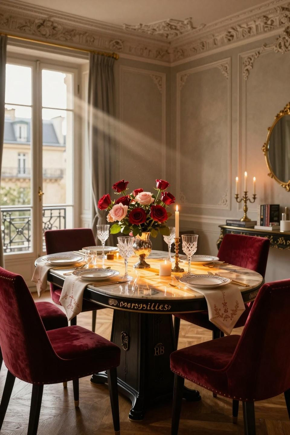 Elegant Valentines Table Decor with backlit onyx and gold leaf inlay