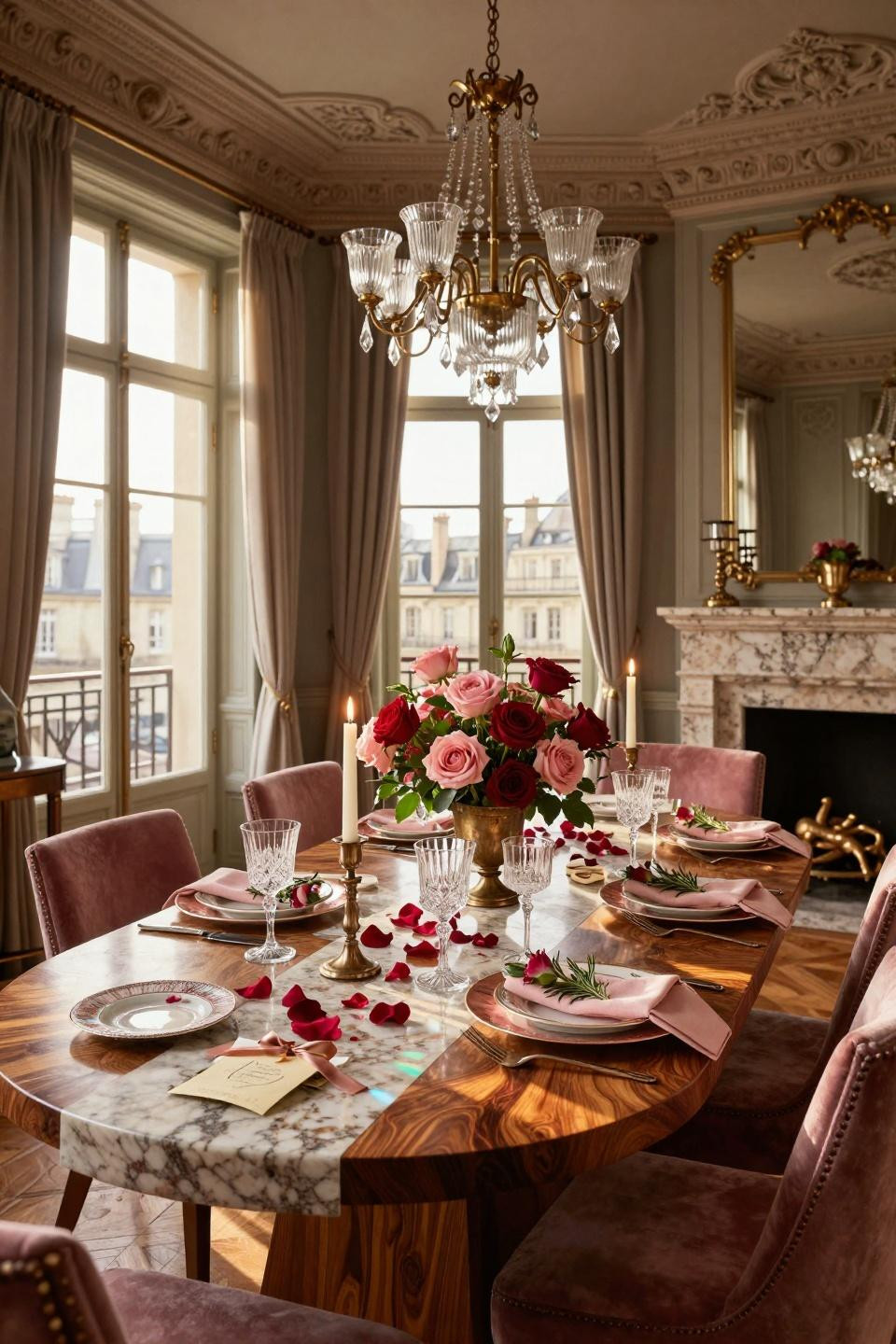 Valentine Dinner Table Setting with travertine and brushed bronze details