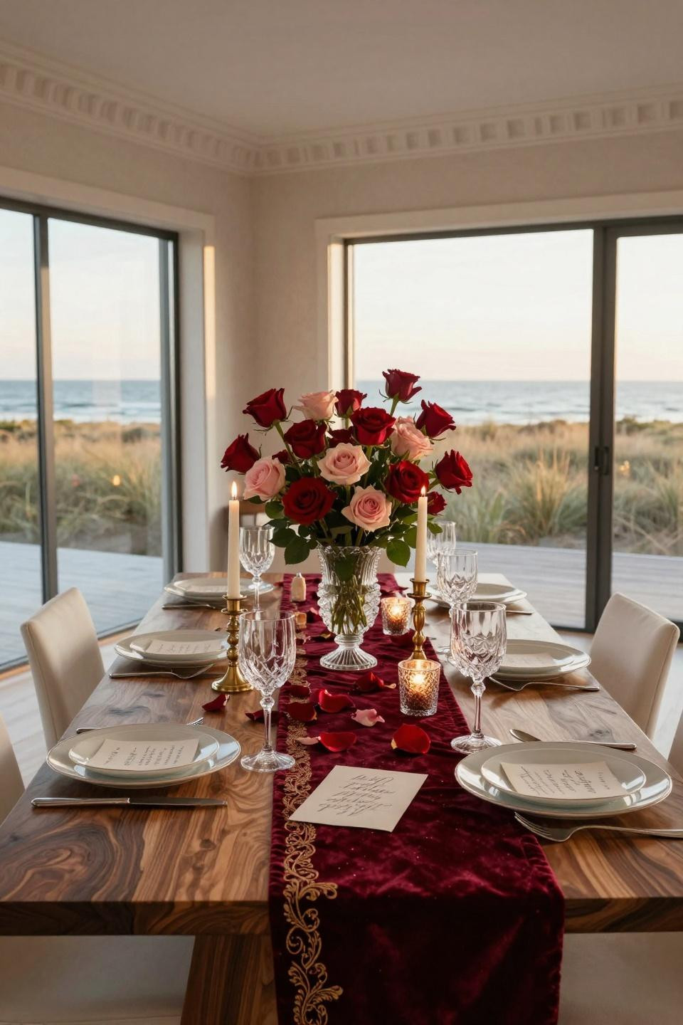Valentines Centerpiece Ideas with walnut burl table and Baccarat crystal