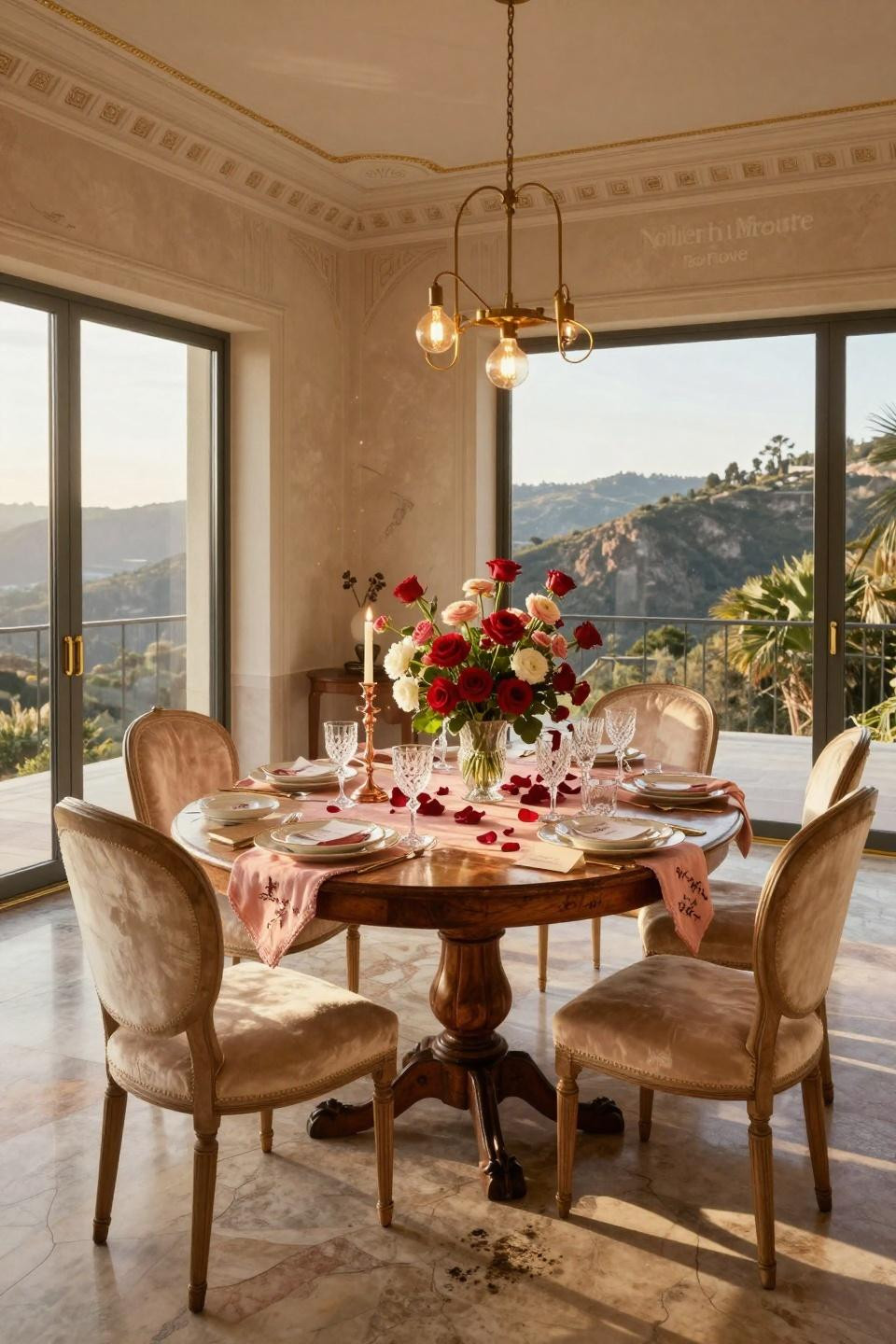 Valentines Table Centerpieces with cascading roses and aged copper candlesticks