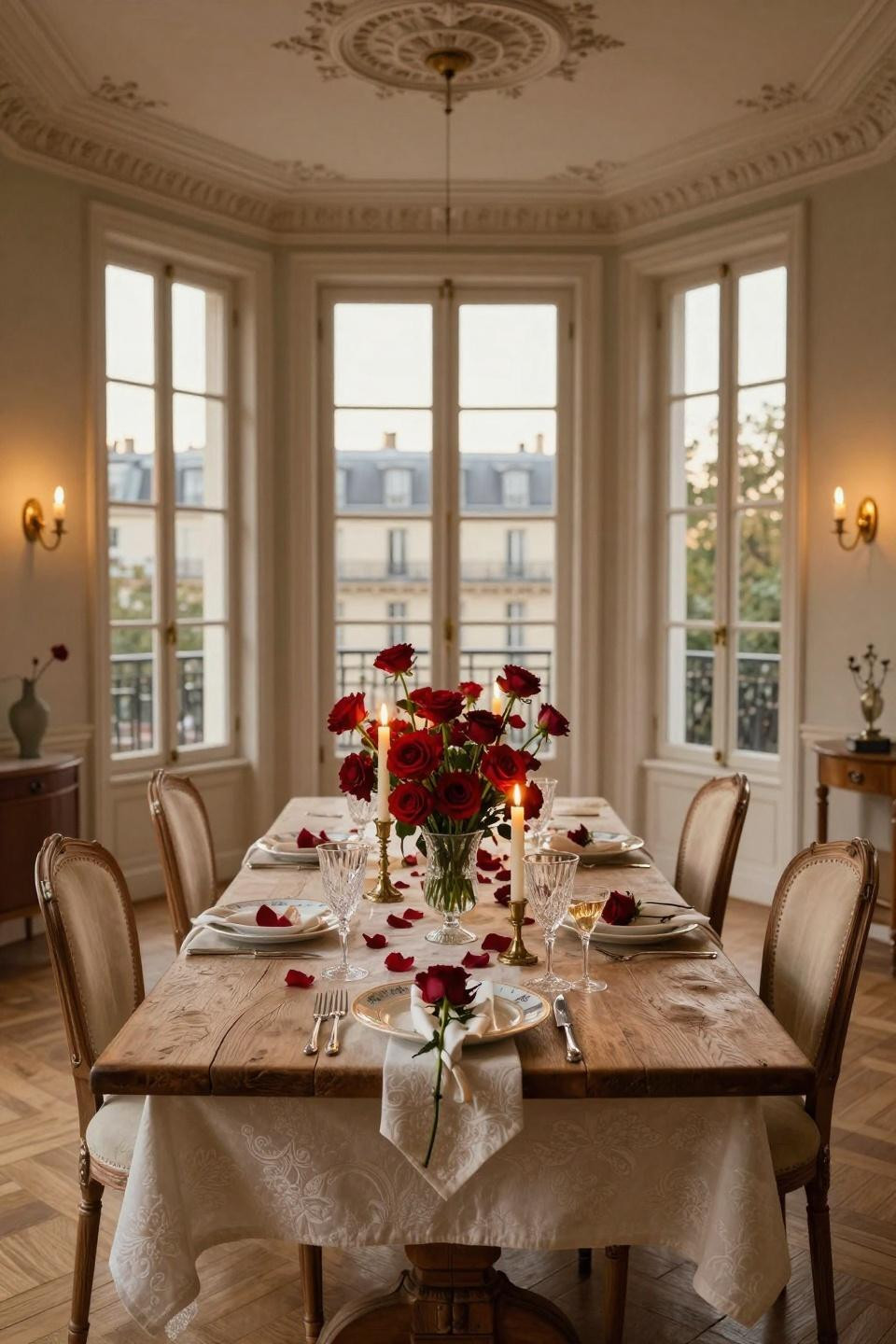 Valentines Dinner Table Decor with garden roses and brass candlesticks