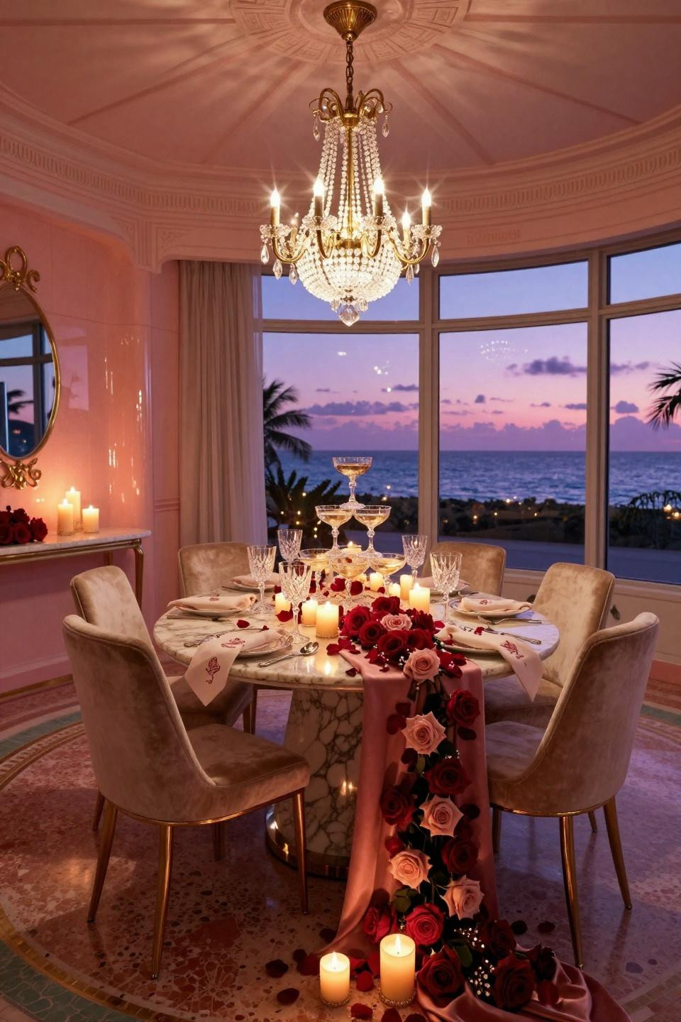 Valentines Day Table Setting with Calacatta Gold marble and cascading roses