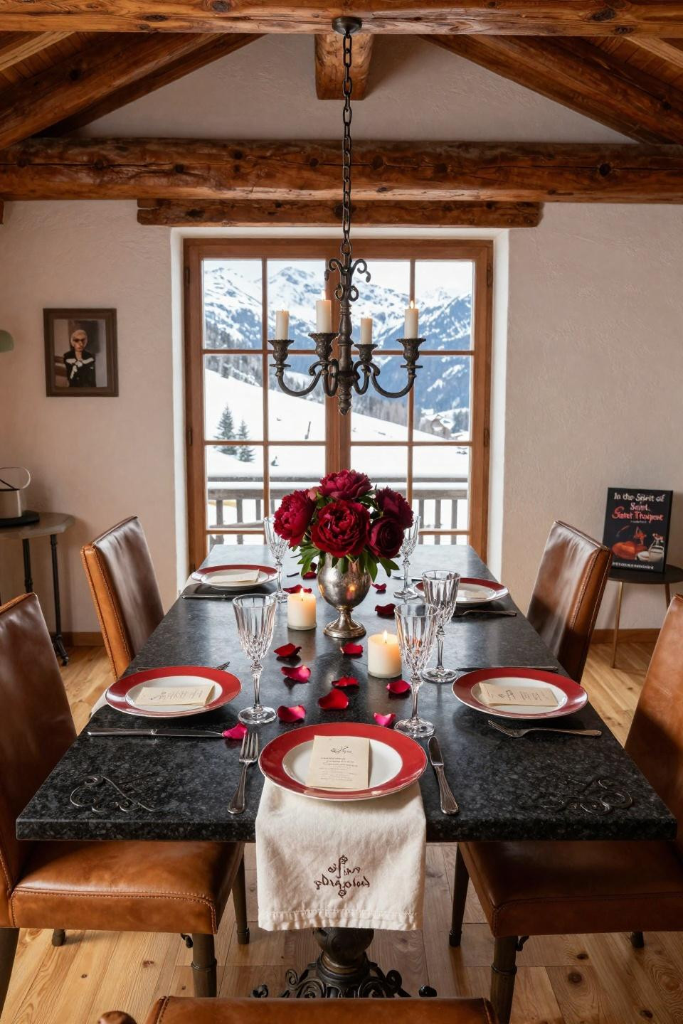 Valentine's Day Tablescape with honed granite and wrought iron candelabras
