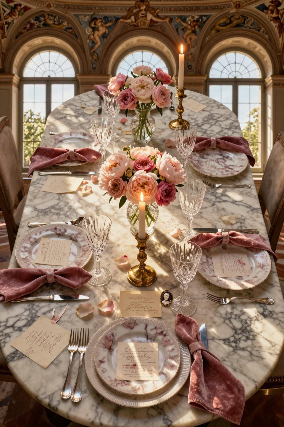 Valentines Day Centerpieces with Calacatta Rosa marble and Baccarat crystal