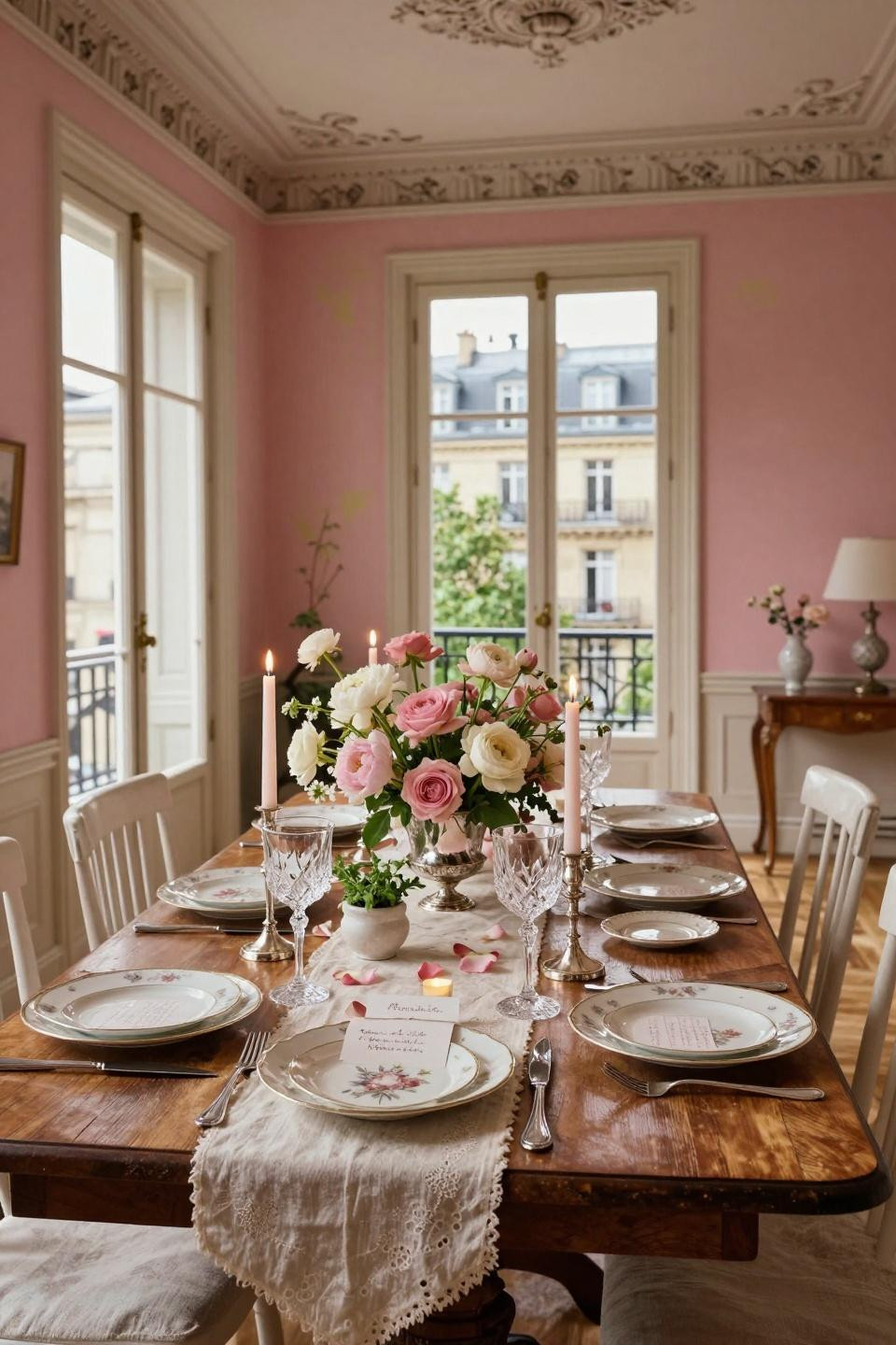 Valentines Day Tablescapes with French limestone runner and polished nickel candlesticks