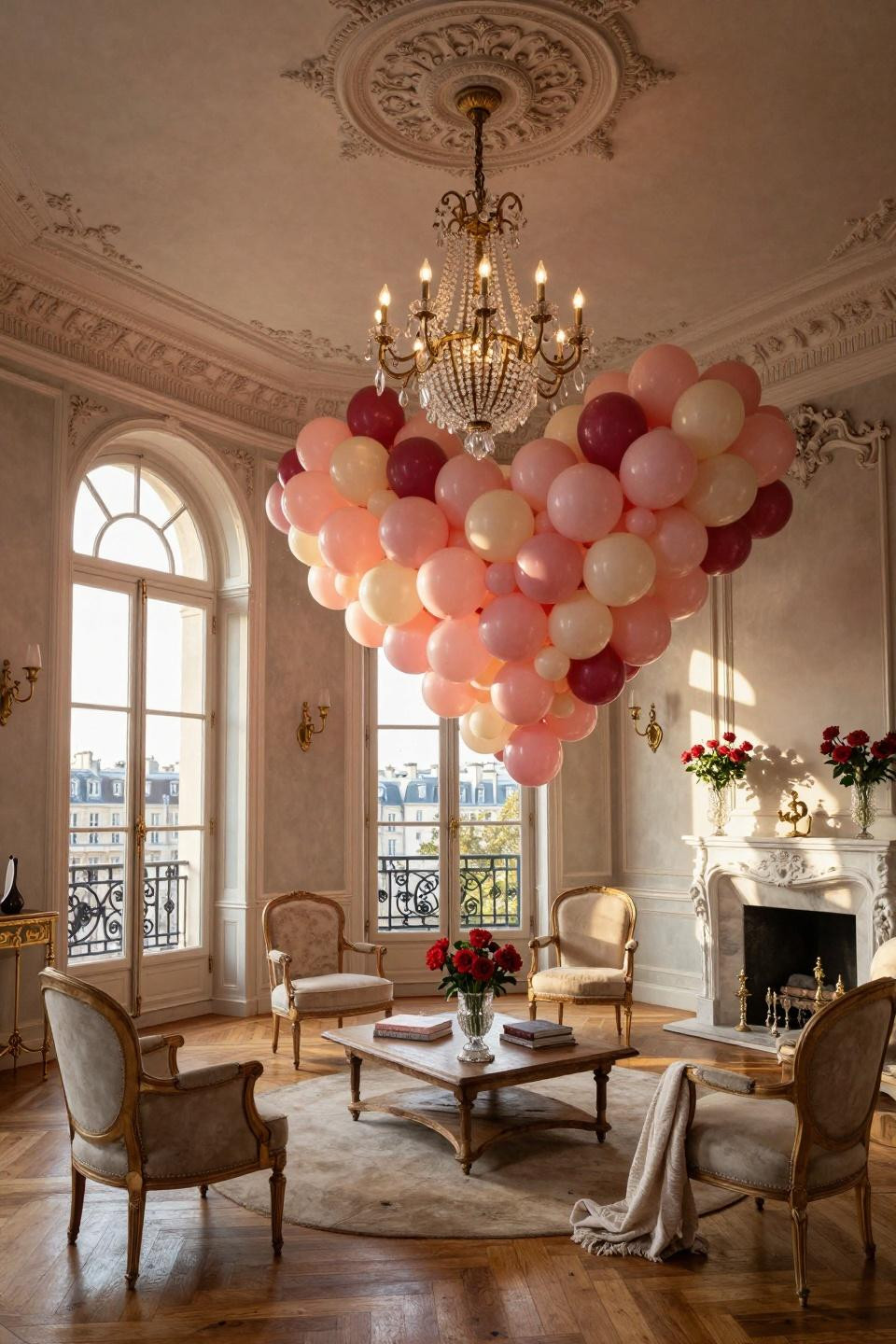 Galentines Party Decor cascading balloon heart from ornate medallion