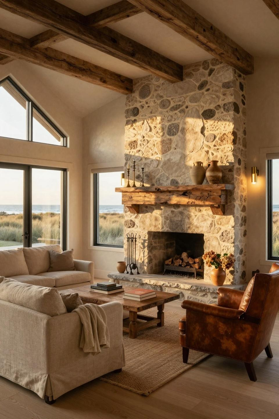 Vintage farmhouse decor with vaulted stone hearth in French limestone