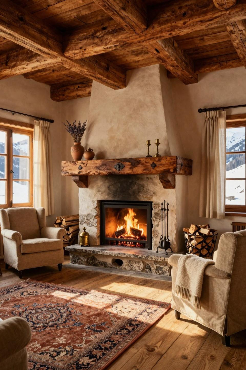 Vintage farmhouse decor with hand-carved walnut mantel and Swiss granite hearth