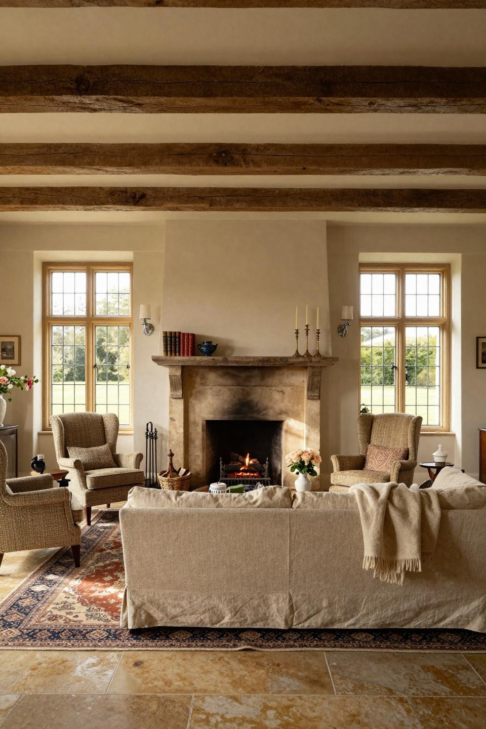 Vintage farmhouse decor with French limestone fireplace and reclaimed oak mantel