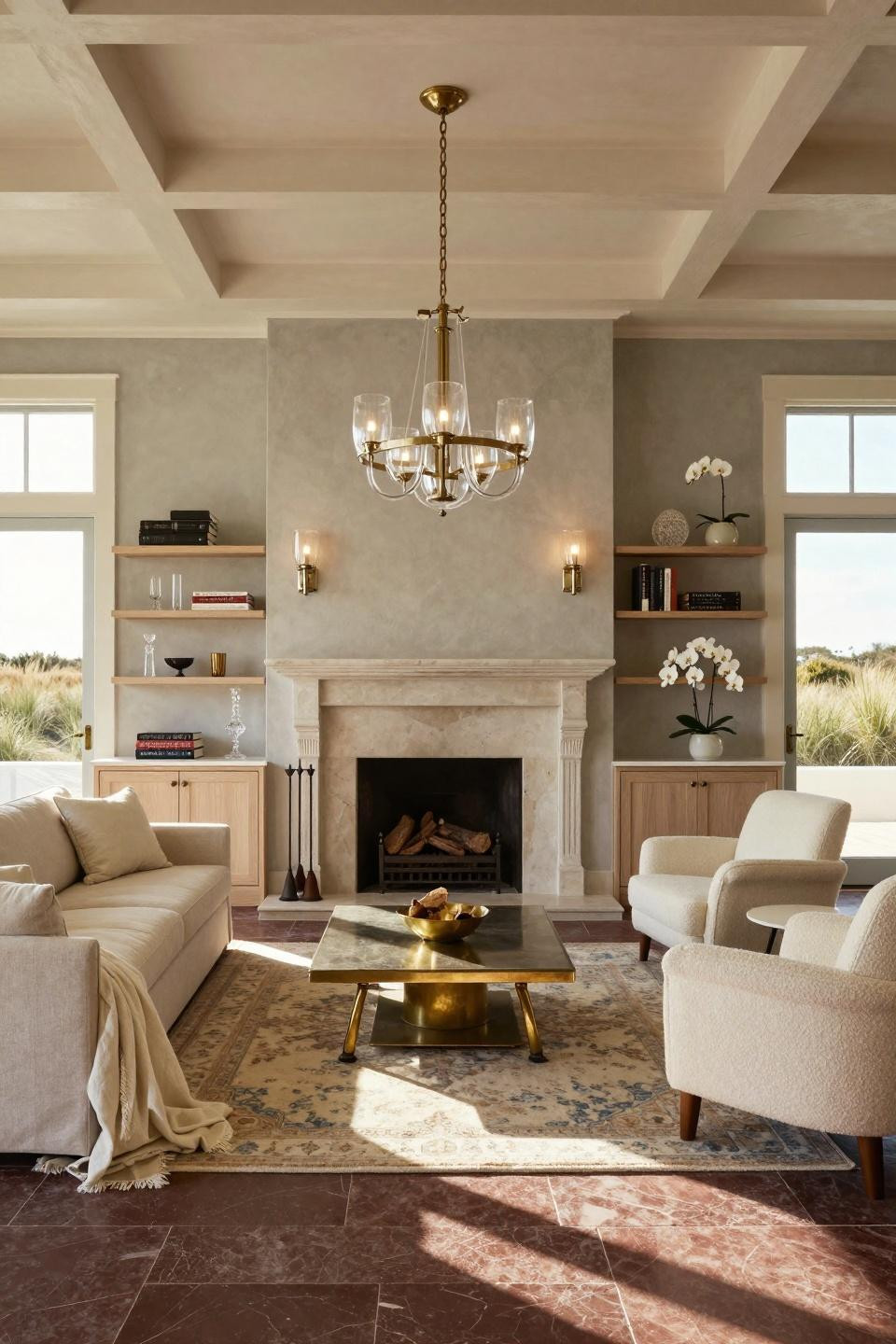 Vintage farmhouse decor with European limestone fireplace and cerused oak built-ins