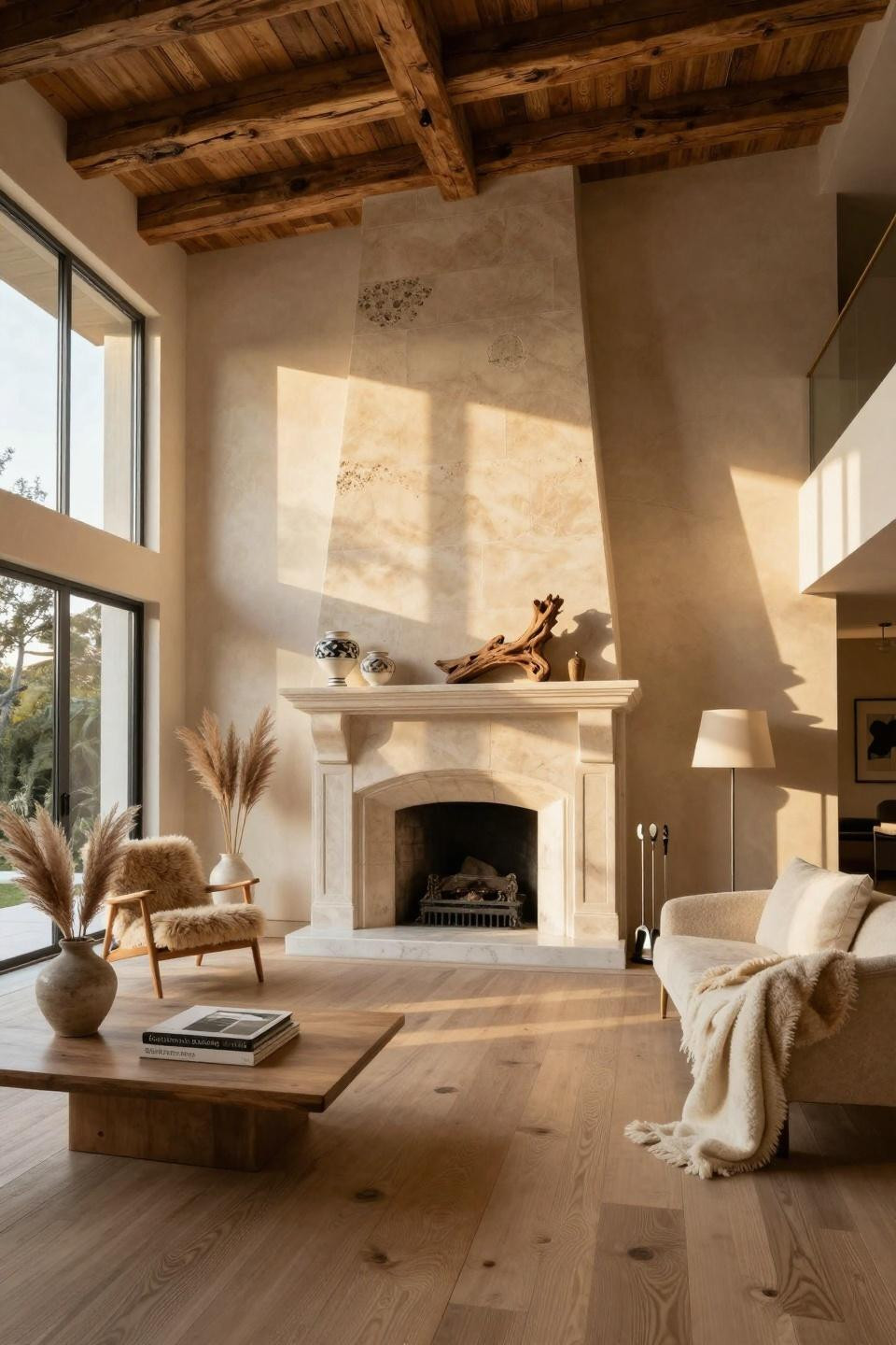Vintage farmhouse decor meeting Scandinavian design with Swedish limestone fireplace