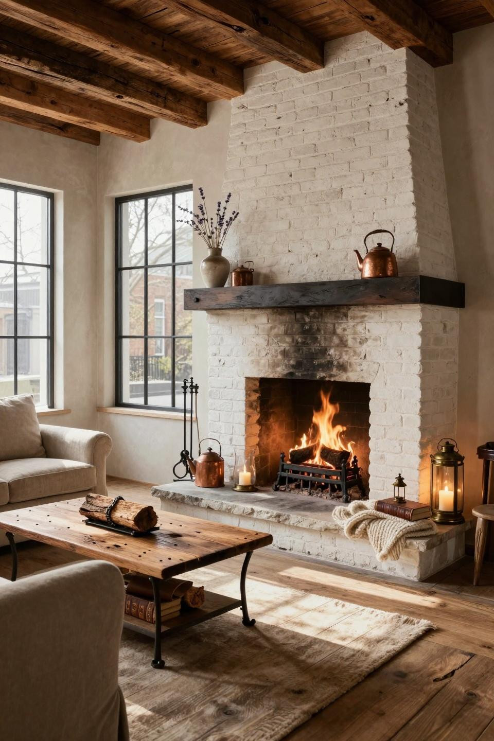 Vintage farmhouse decor with hand-carved limestone hearth and reclaimed Douglas fir beams
