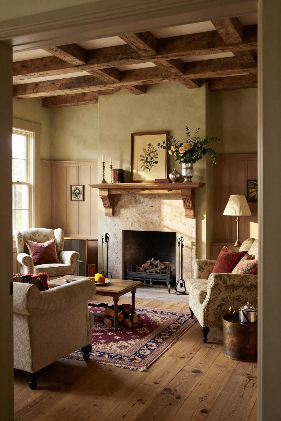 Rustic farmhouse decor with travertine fireplace and European cottage elegance