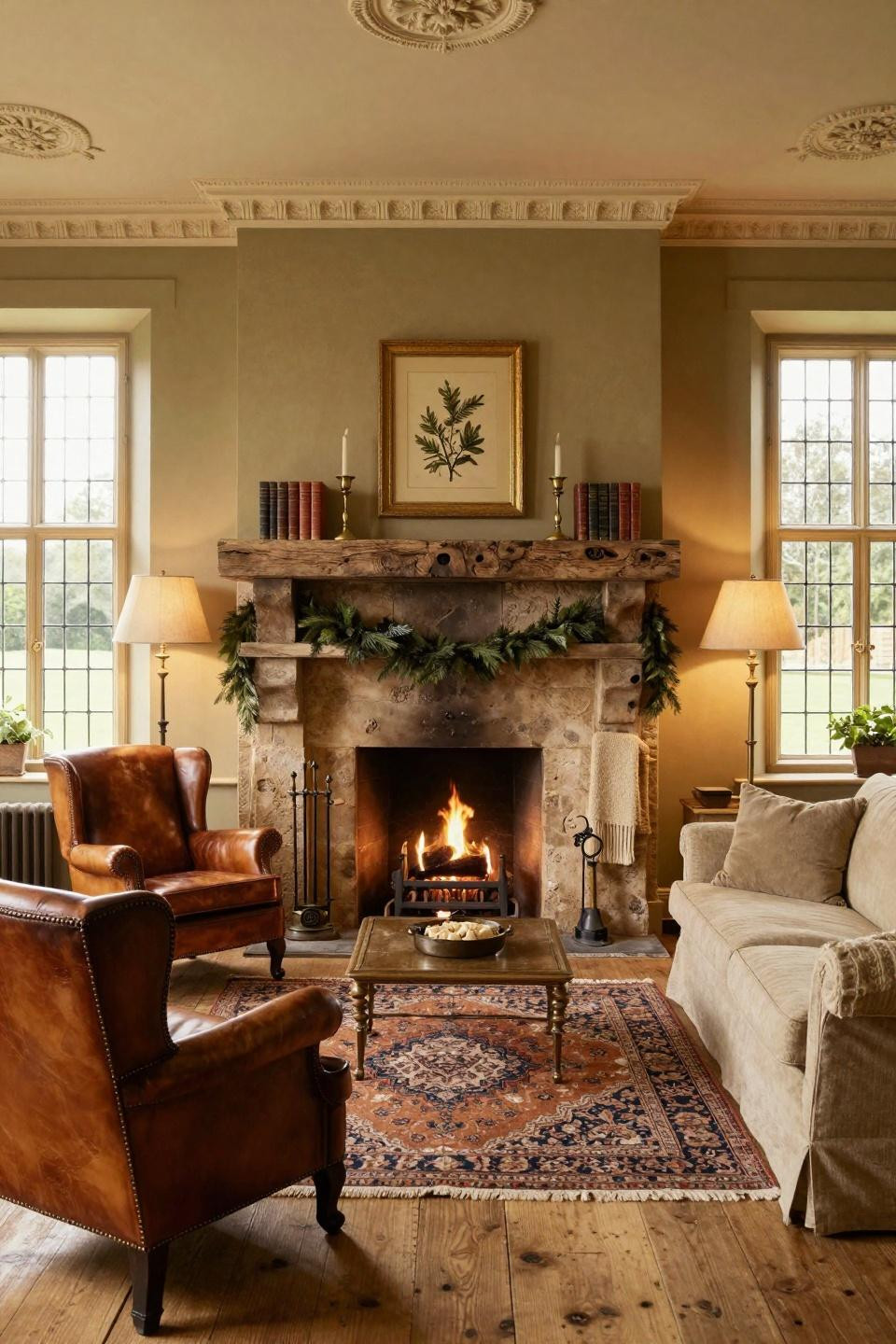 Farmhouse kitchen decor principles applied to living room with limestone fireplace