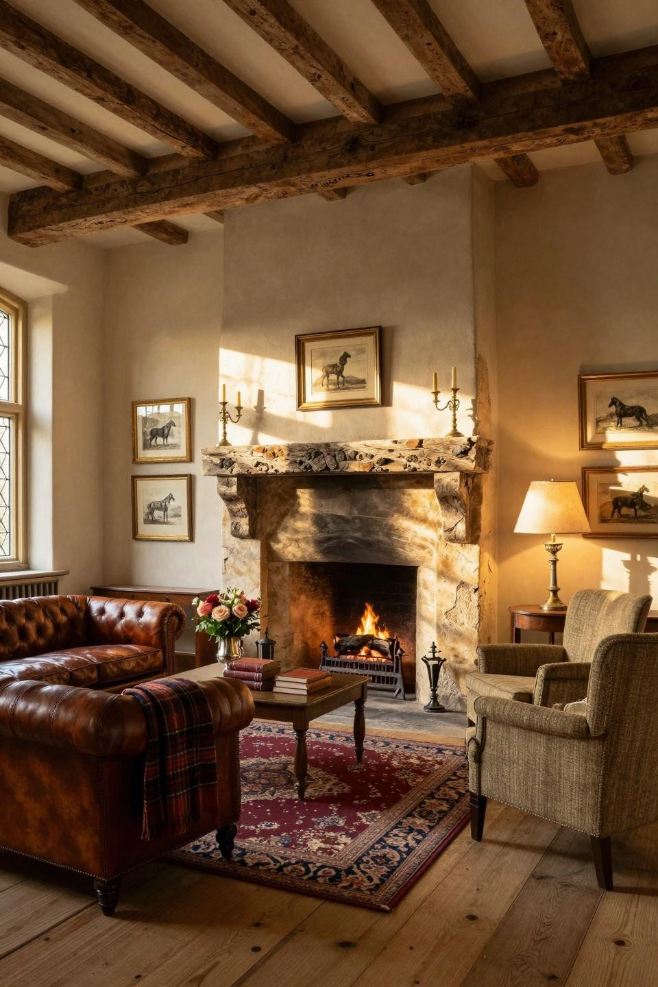 Fireplace hearth decor with hand-hewn barn beam mantel and antique brass accessories