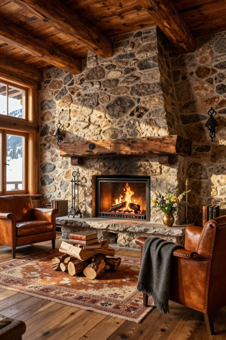 Cottage decor featuring local stone fireplace with custom bronze fire screen