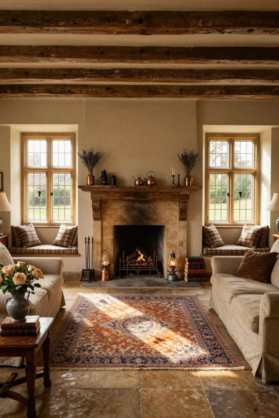 Rustic fireplace decor with reclaimed elm mantel and English limestone flagstone