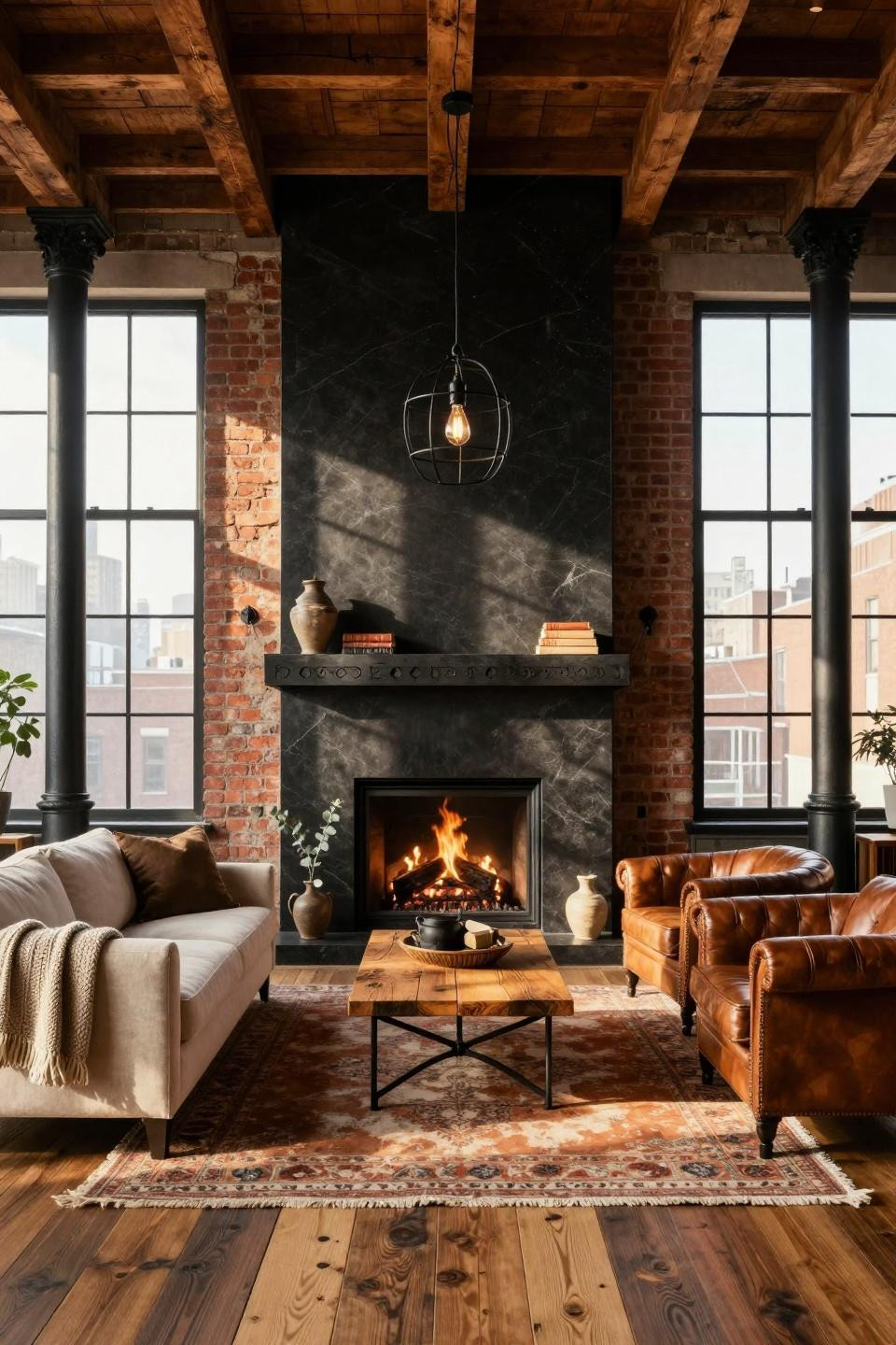 Vaulted fireplace wall with floor-to-ceiling granite and custom iron mantel
