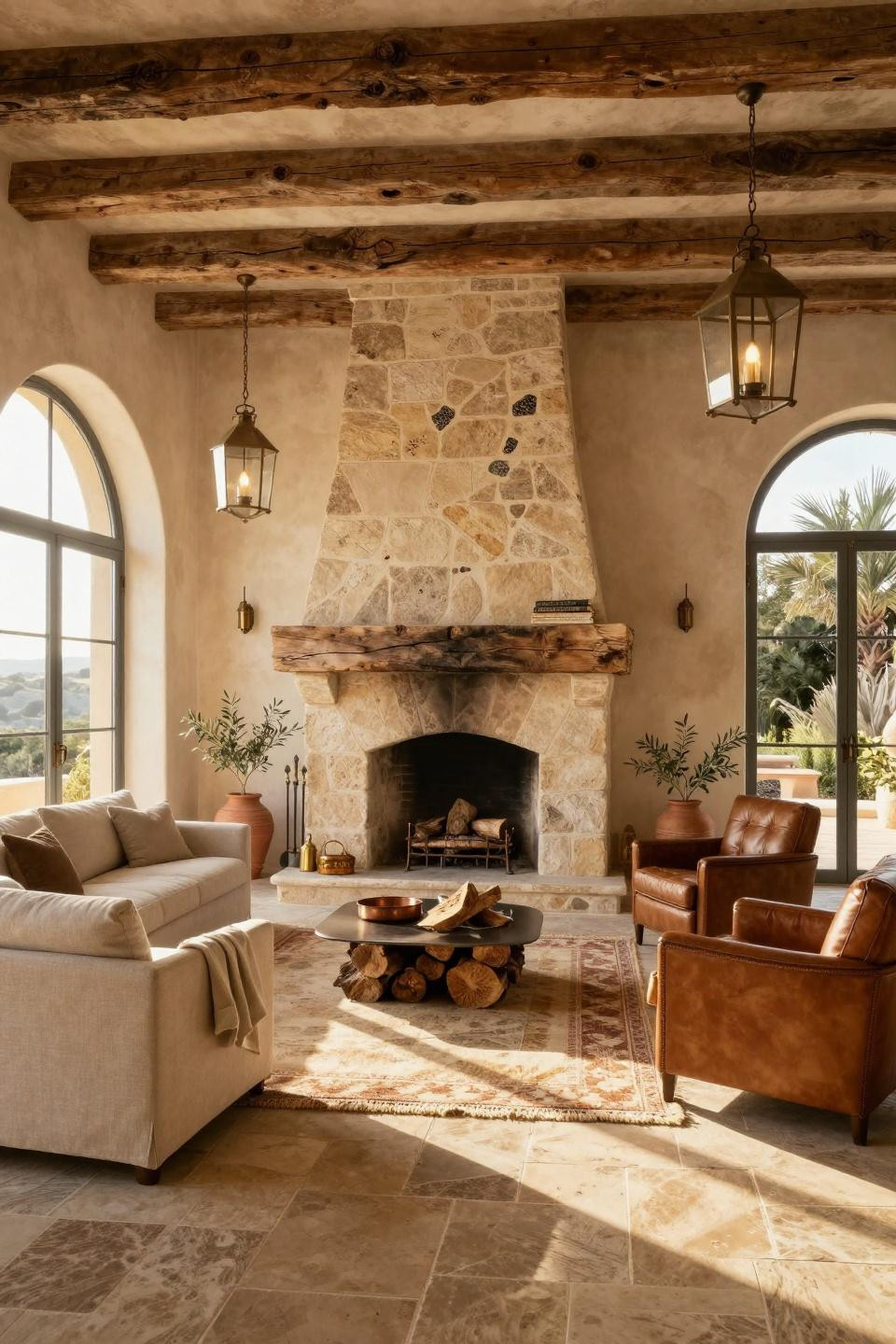 European farmhouse stone fireplace with hand-carved limestone and reclaimed oak mantel
