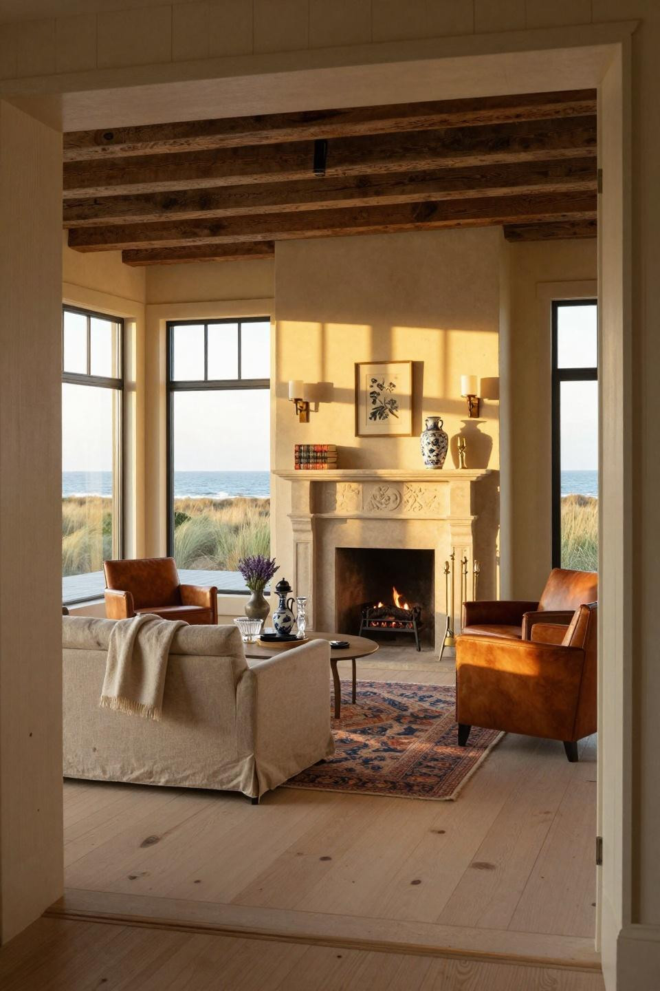 Cozy farmhouse living room with limestone fireplace and custom Holly Hunt sectional