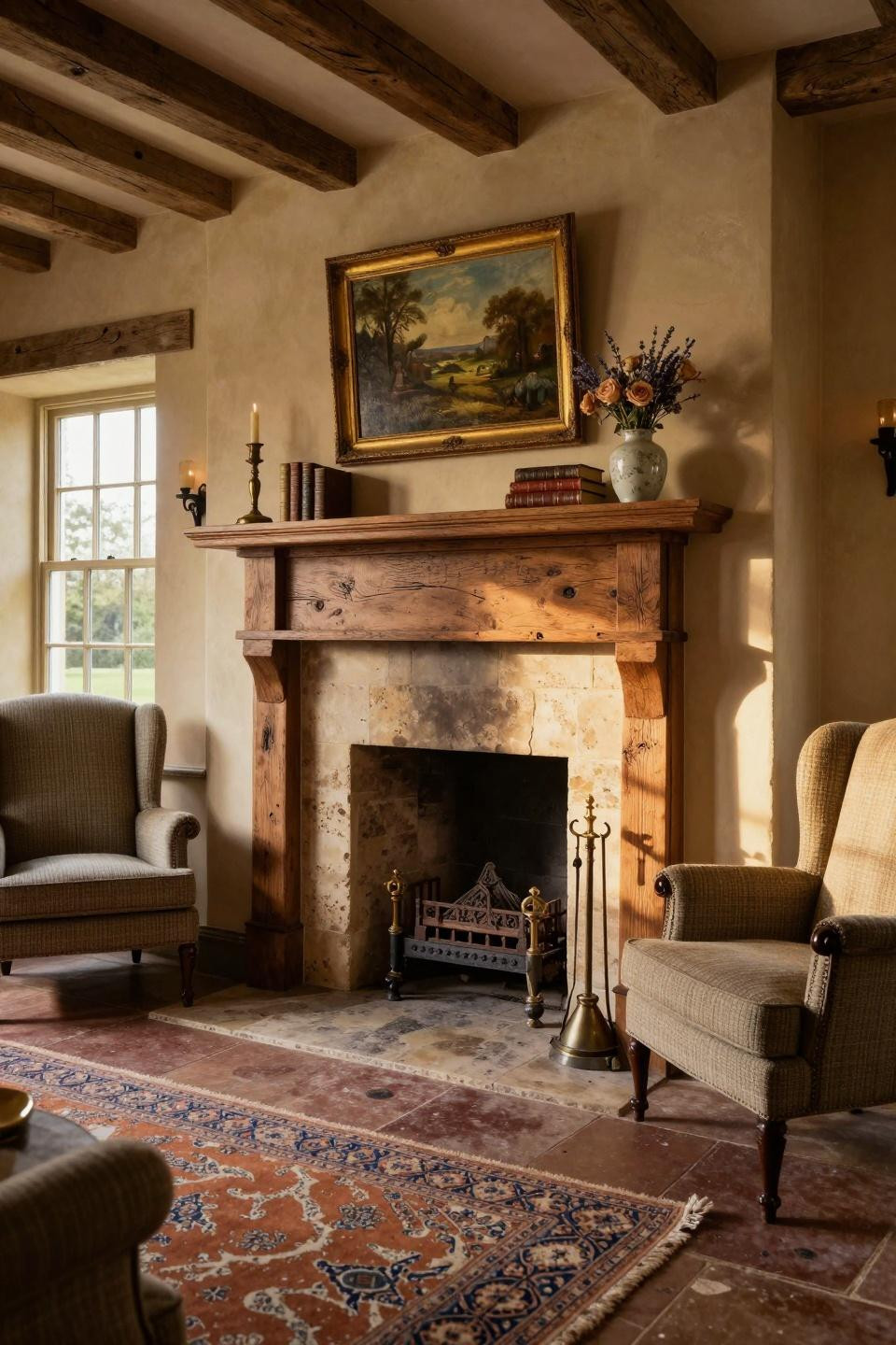 Farmhouse fireplace decor with vintage reclaimed wood mantel and Jerusalem limestone surround