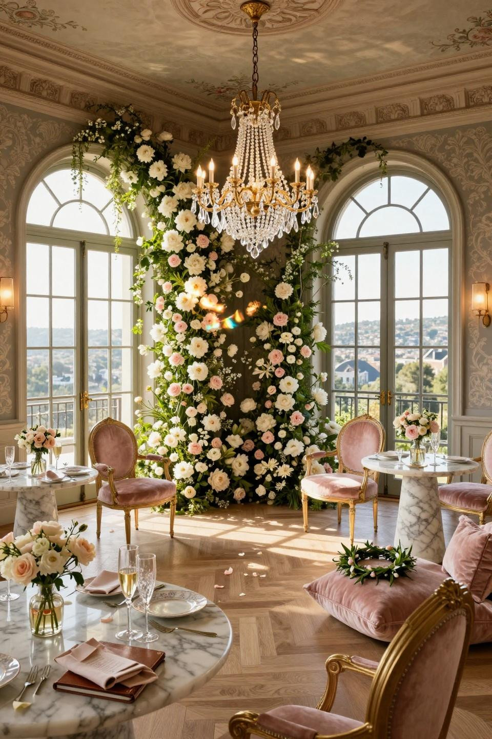 In Bloom Baby Shower Theme with Schonbek crystal chandelier and floral wall installation