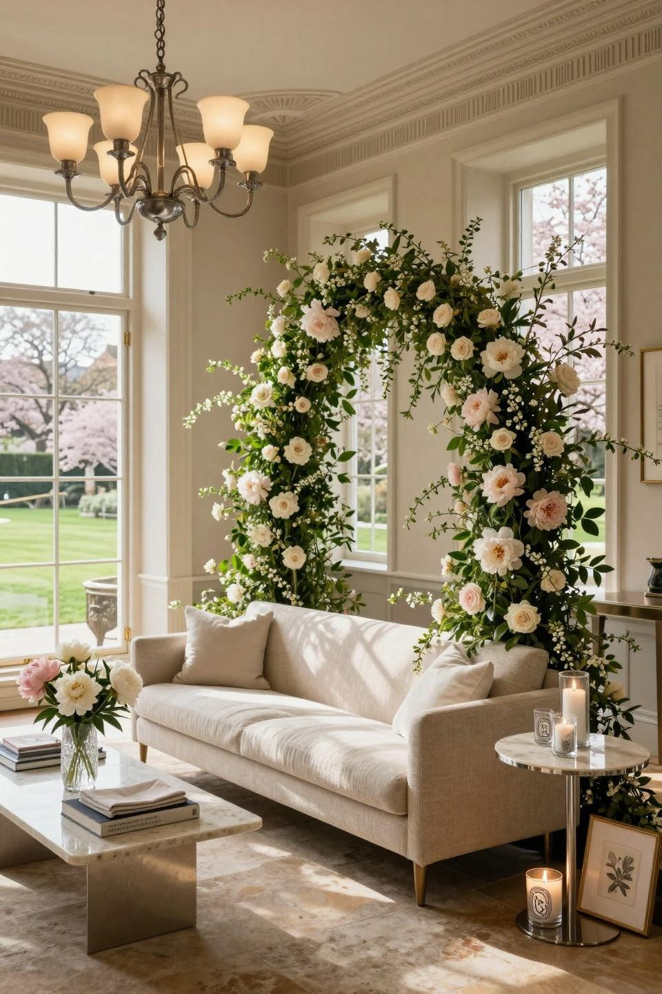 In Bloom Baby Shower Theme with cascading floral arch in British country house aesthetic