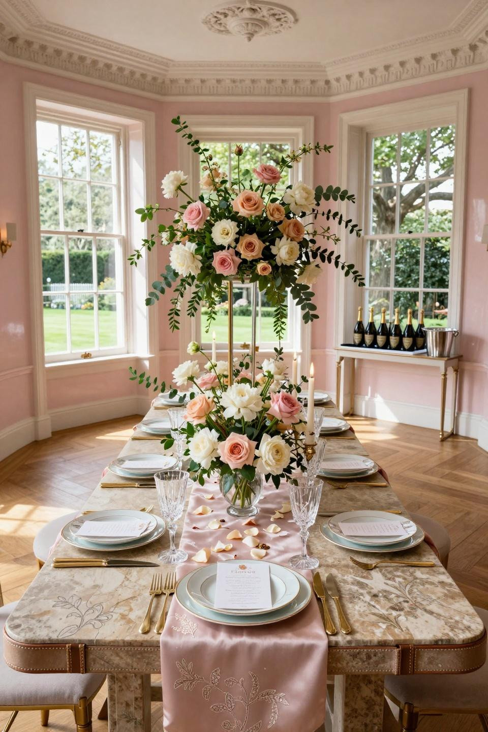 In Bloom Baby Shower Theme with mirrored lucite vessels in Georgian townhouse
