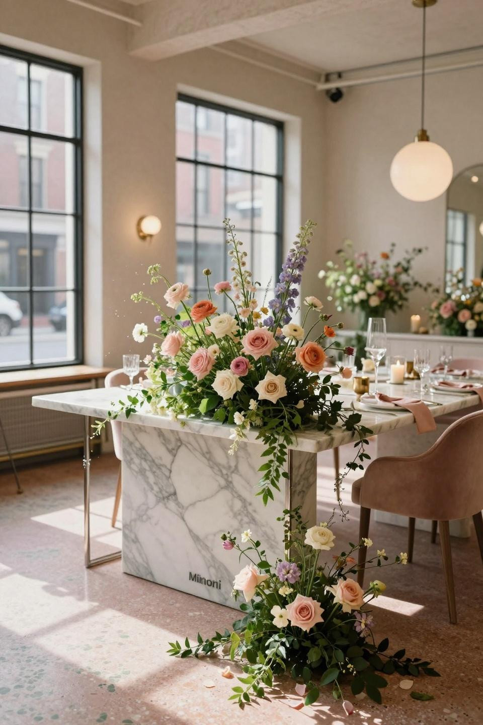 In Bloom Baby Shower Theme featuring Poliform marble console with organic wildflowers