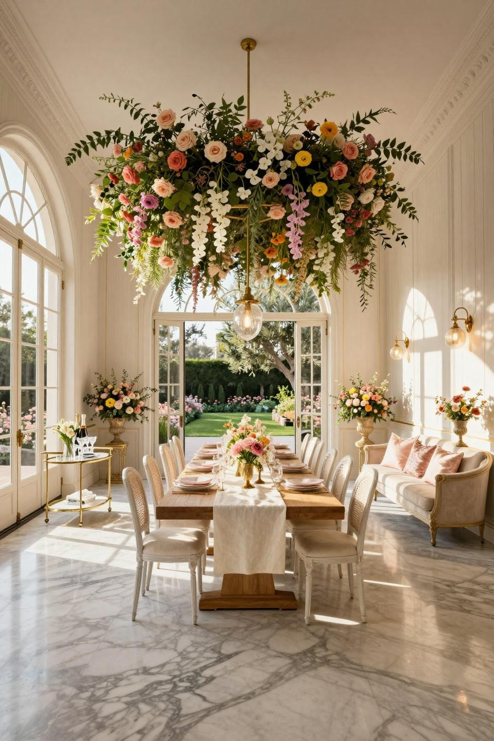 In Bloom Baby Shower Theme with dramatic wildflower canopy in French Riviera-inspired space