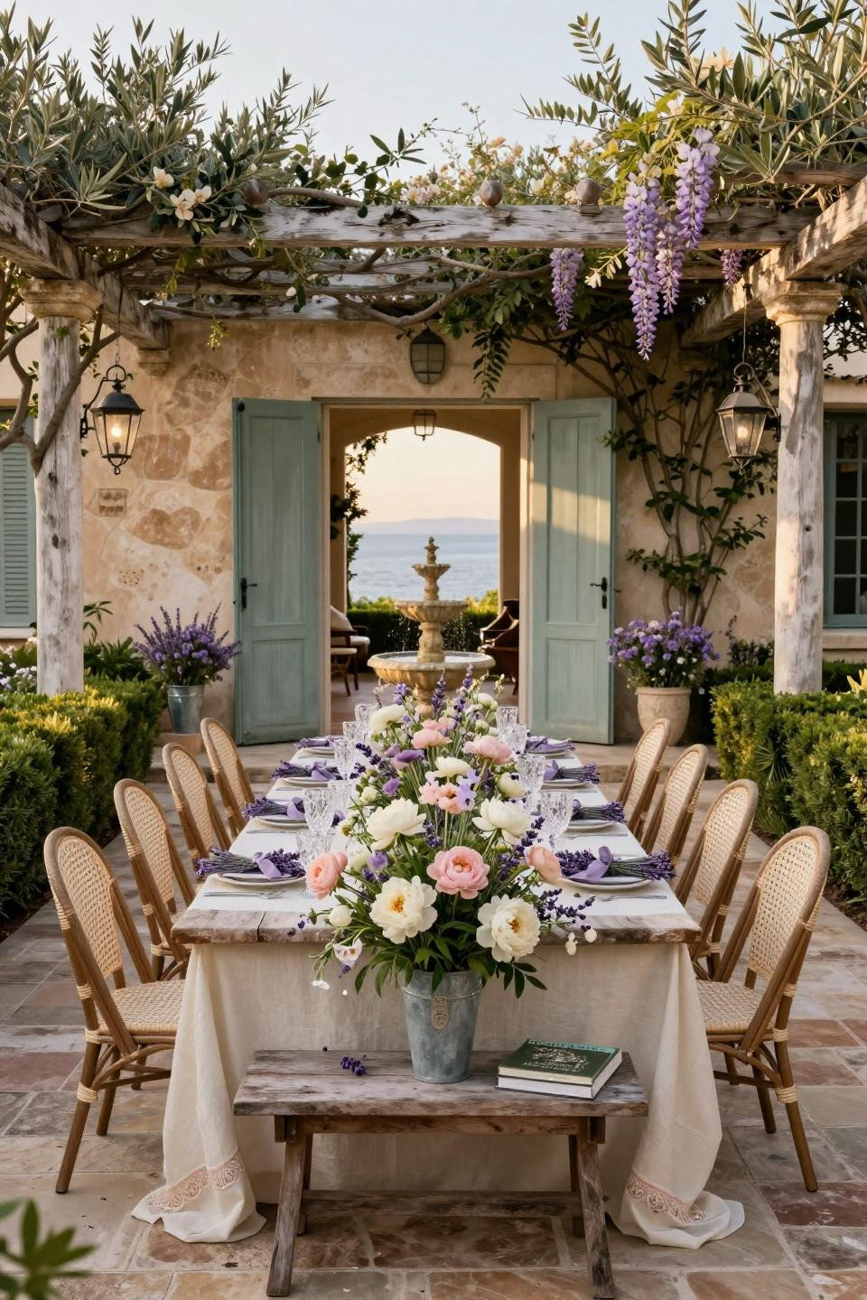 Spring Bridal Shower Ideas with antique French zinc buckets on limestone terrace