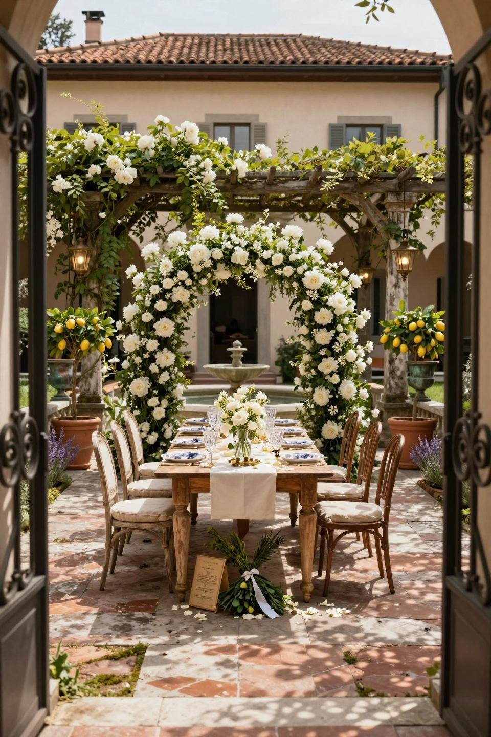 Spring Bridal Shower Themes featuring Italian villa courtyard with wisteria pergola