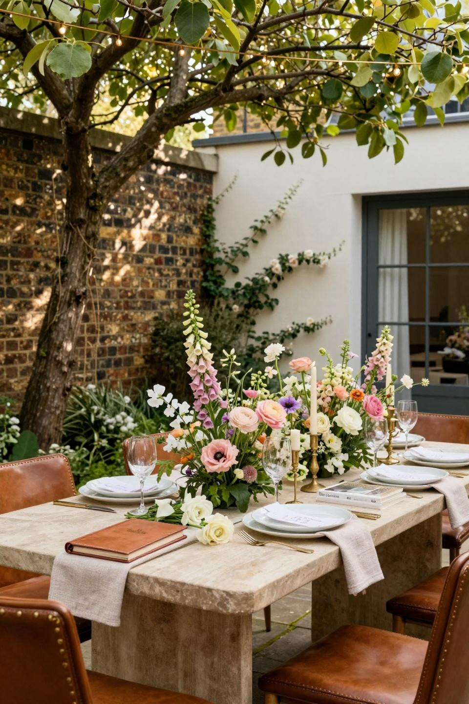 Wildflower Bridal Shower Ideas with natural stone table in private walled garden