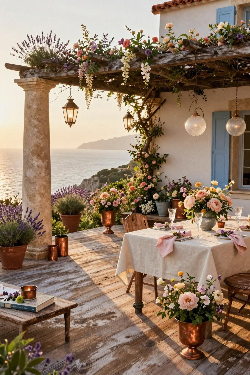 Bridal Shower Inspo featuring copper accents and wildflowers on French Riviera terrace
