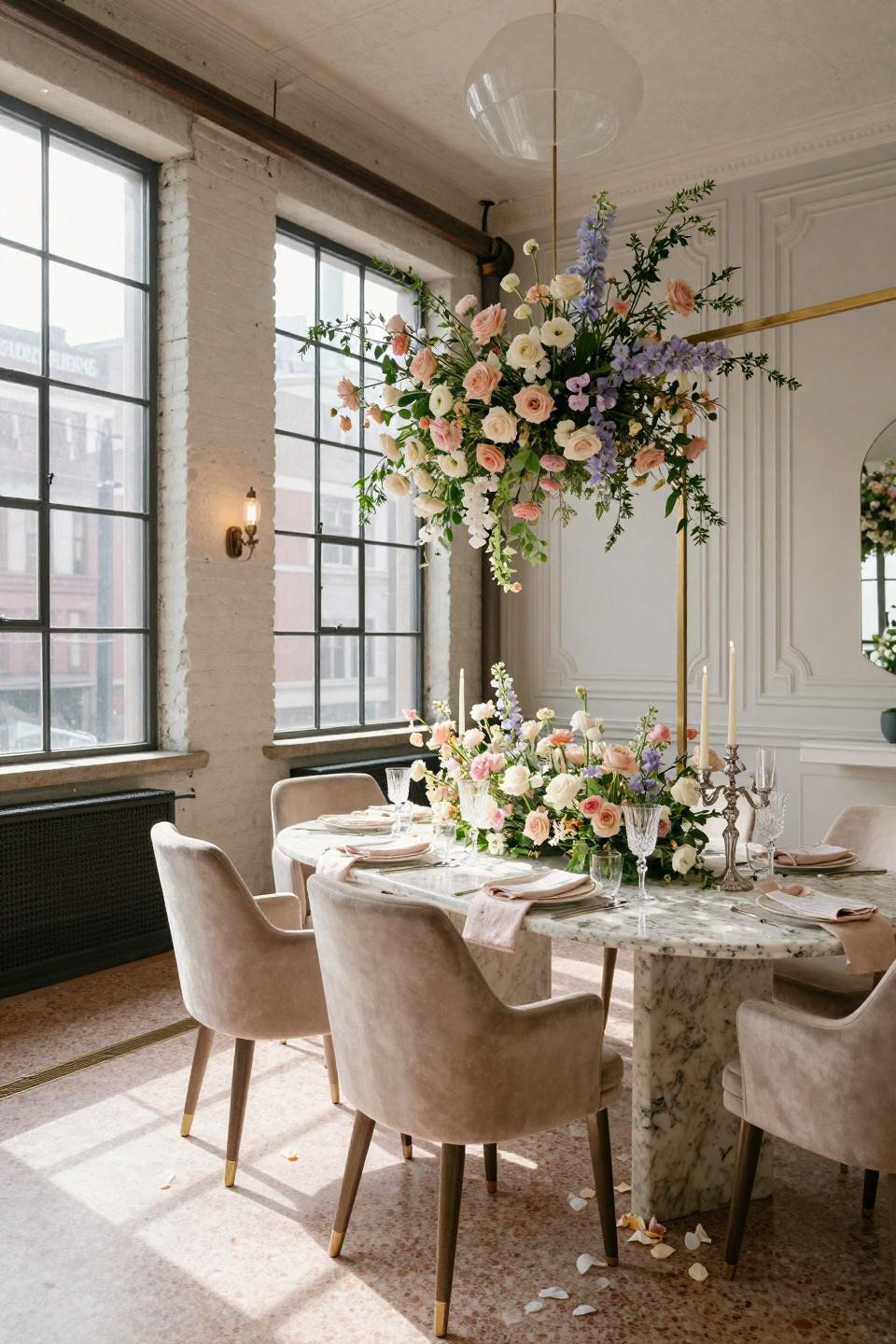 Bridal Shower Flower Theme with wildflower installation in industrial Tribeca space