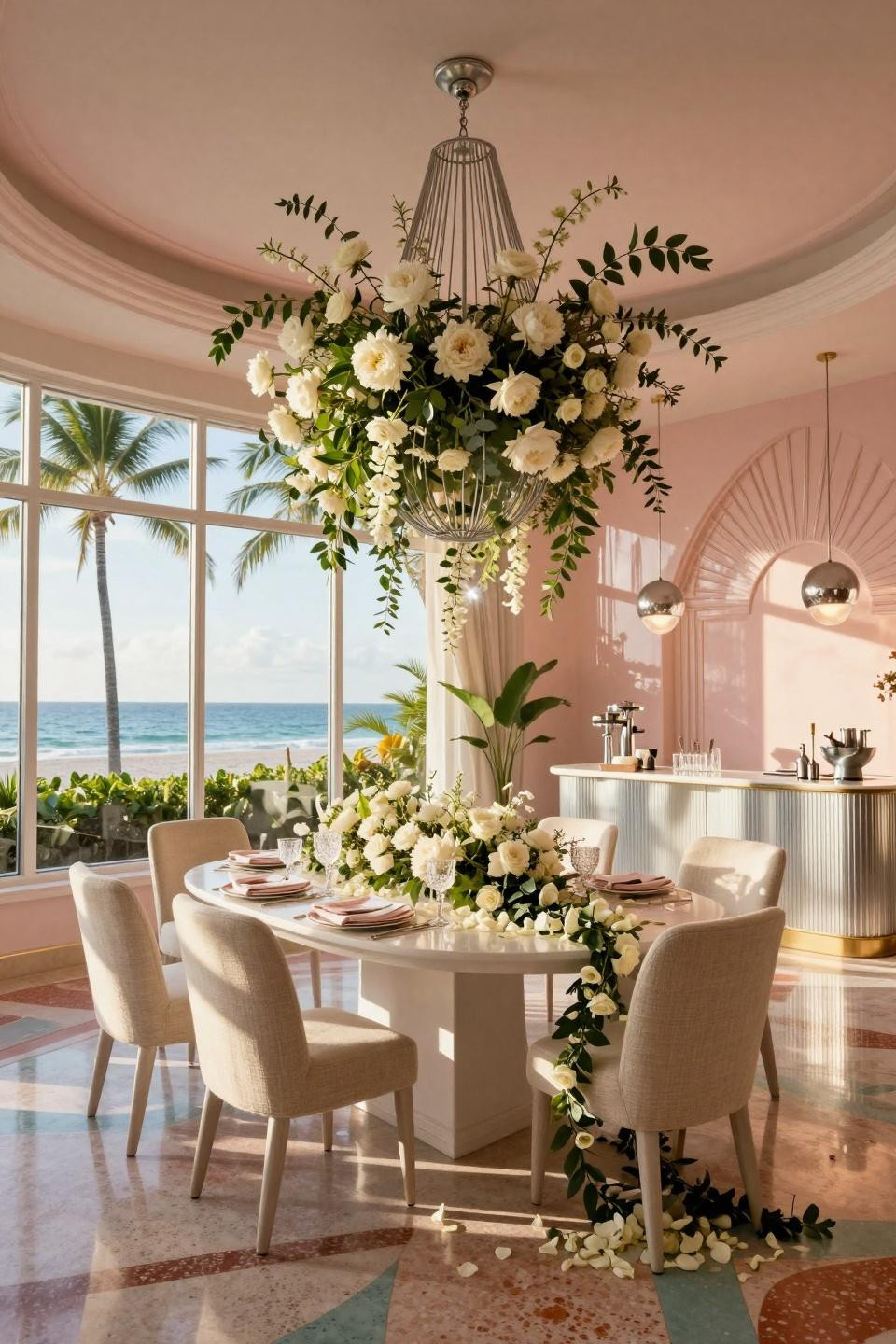 Wedding Shower Themes featuring platinum botanical chandelier in South Beach space