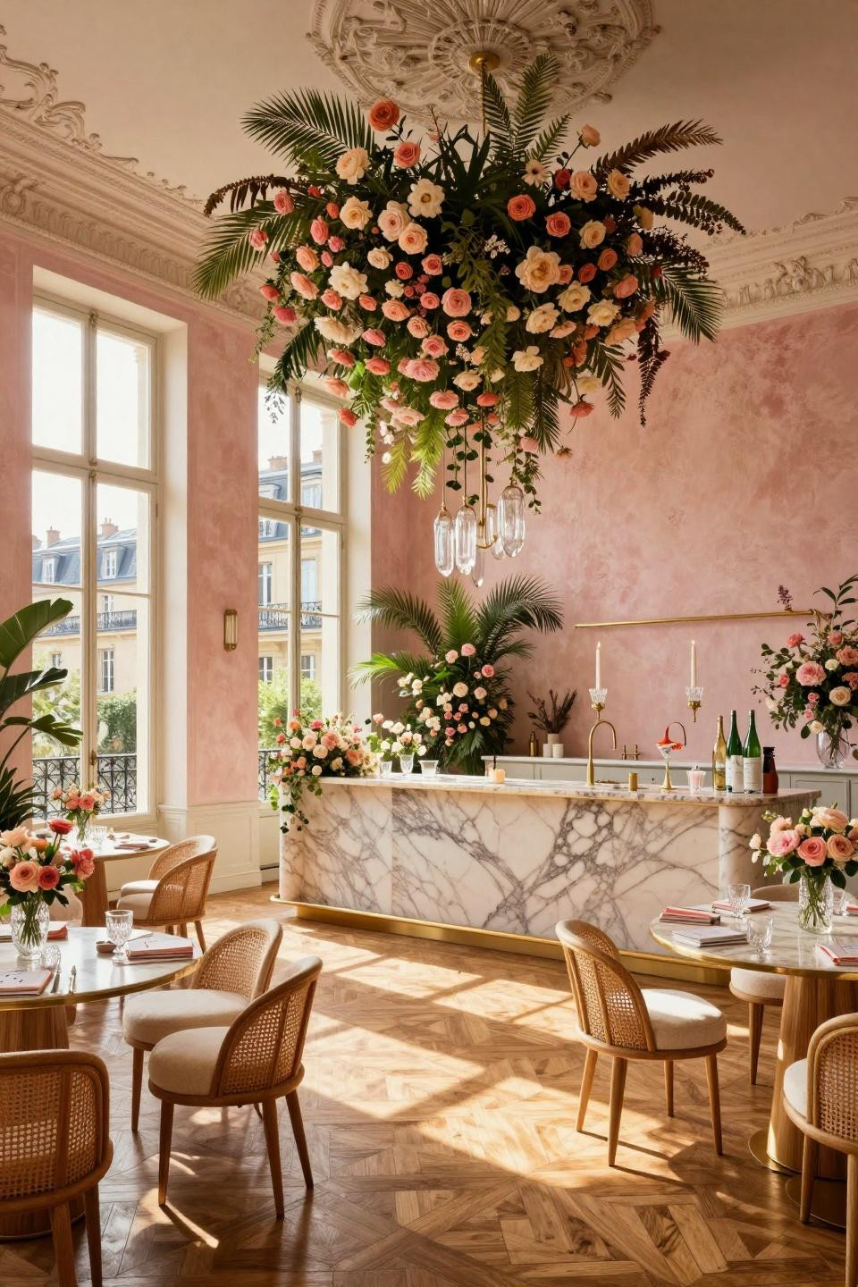 In Bloom Baby Shower Theme featuring suspended floral cloud formations in Parisian apartment