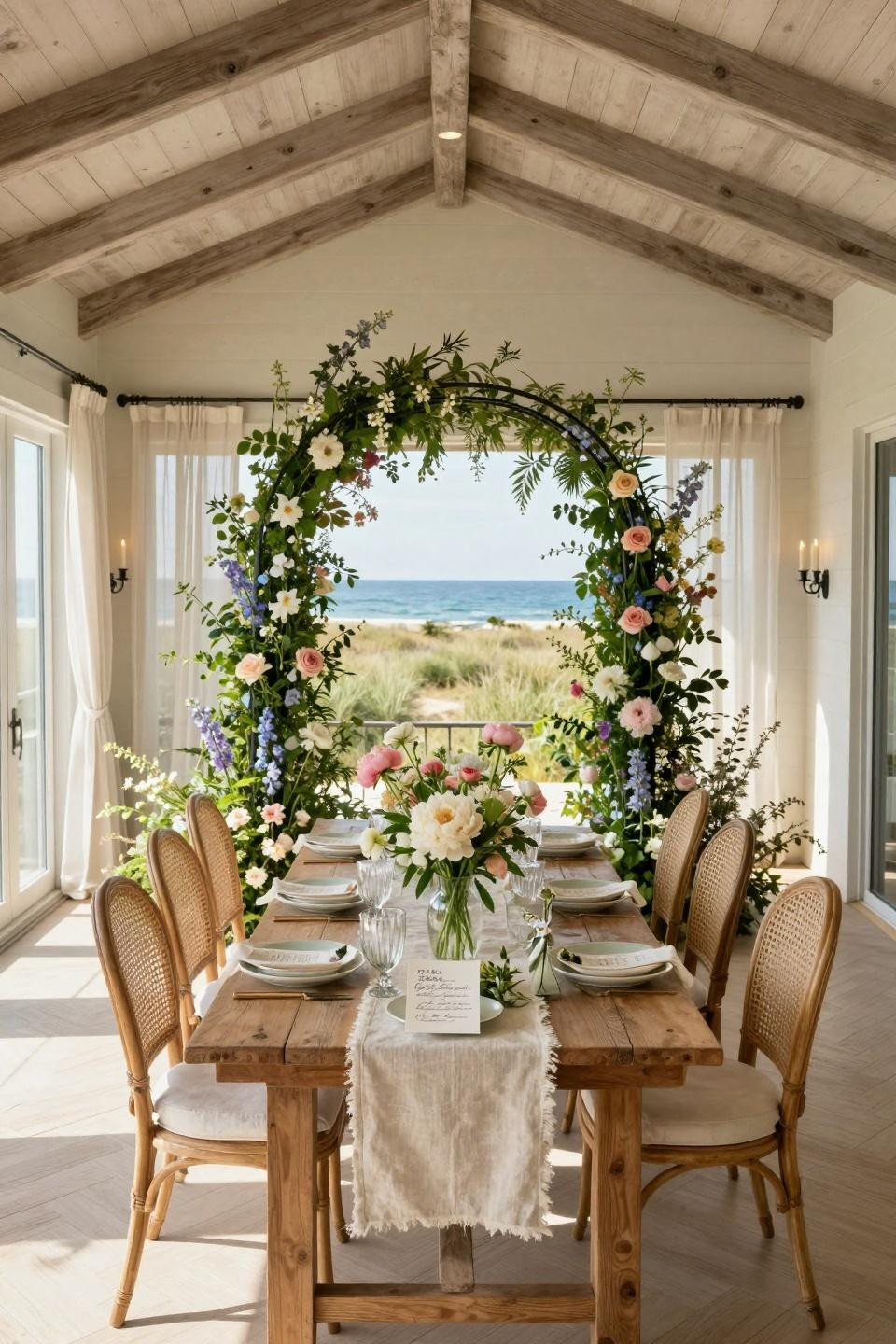 Love Is In Bloom Bridal Shower Theme with cascading wildflower arbor installation in Hamptons coastal space