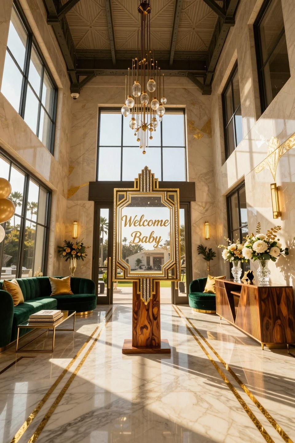 Baby shower inspiration with hand-painted gold lettering and geometric Art Deco frame