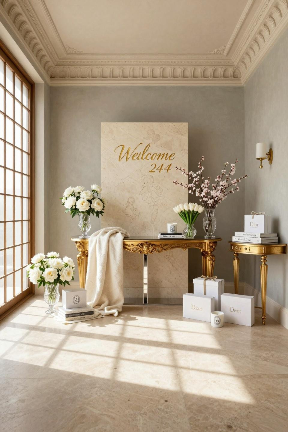 Baby shower inspiration featuring hand-carved limestone with 24k gold leaf