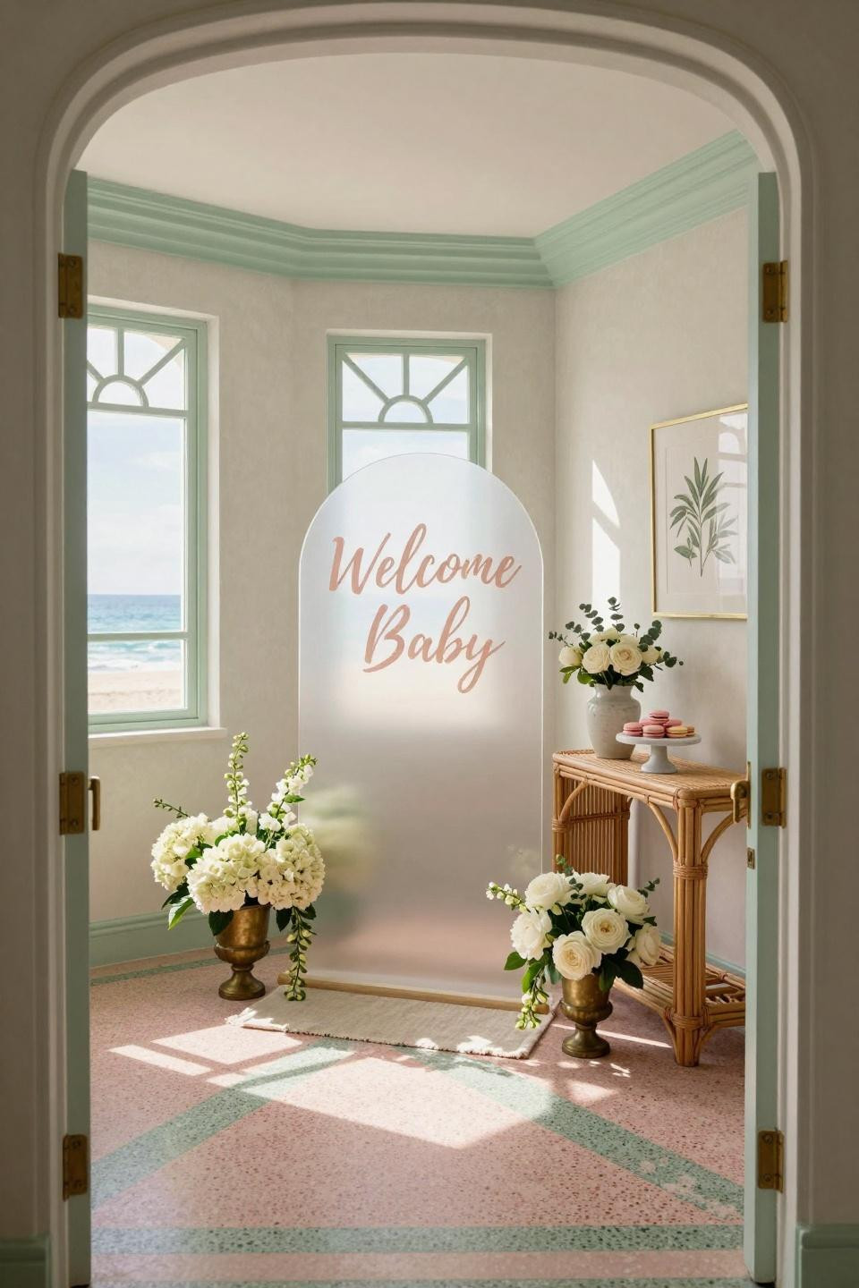 Baby shower inspiration with hand-painted calligraphy and vintage brass urns