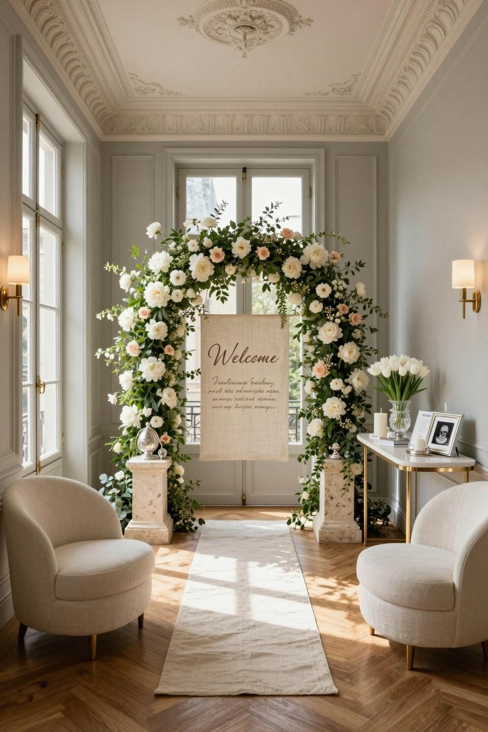Baby shower inspiration featuring French limestone pedestals and white peonies