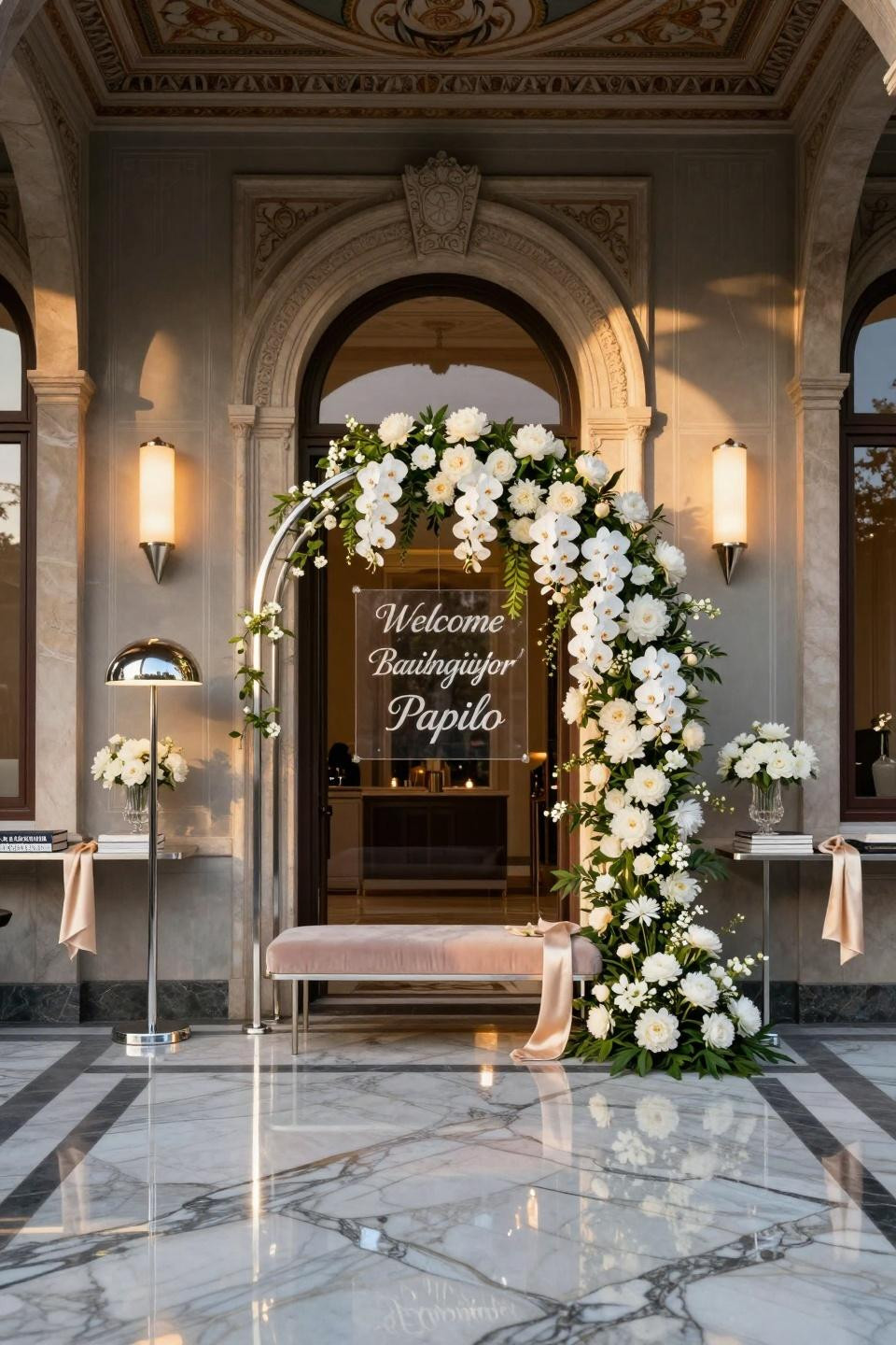 Baby shower inspiration with brushed platinum frame and white orchids in palazzo