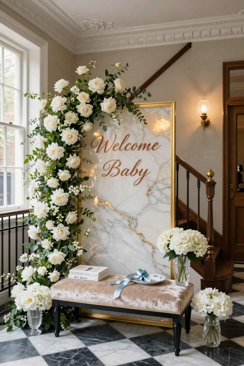 Baby shower inspiration featuring backlit honey onyx and 24k gold leaf in townhouse