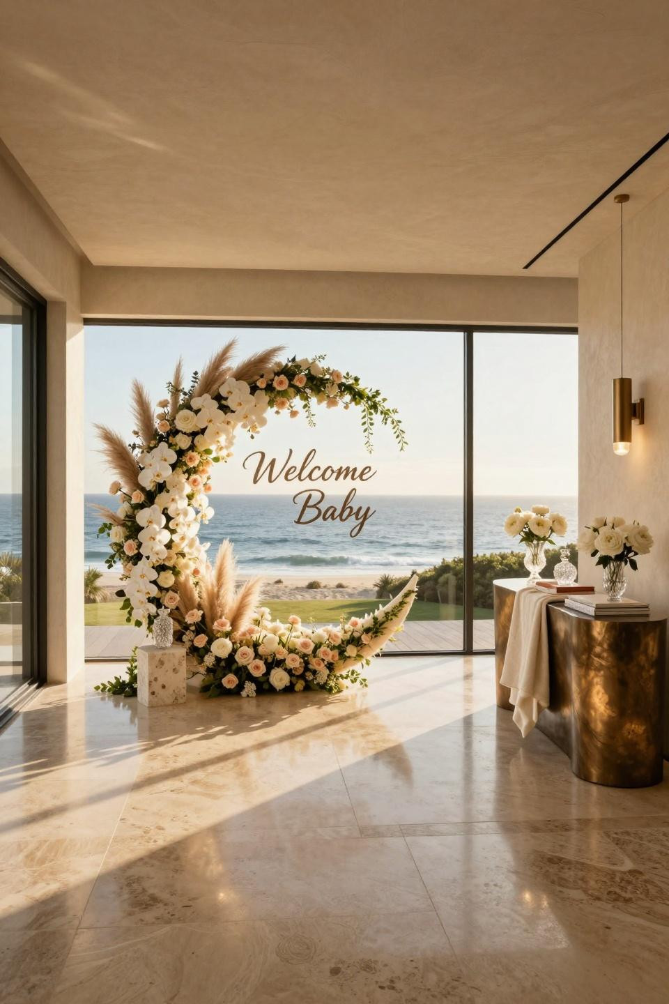 Baby shower inspiration with hand-carved travertine and brushed bronze in penthouse