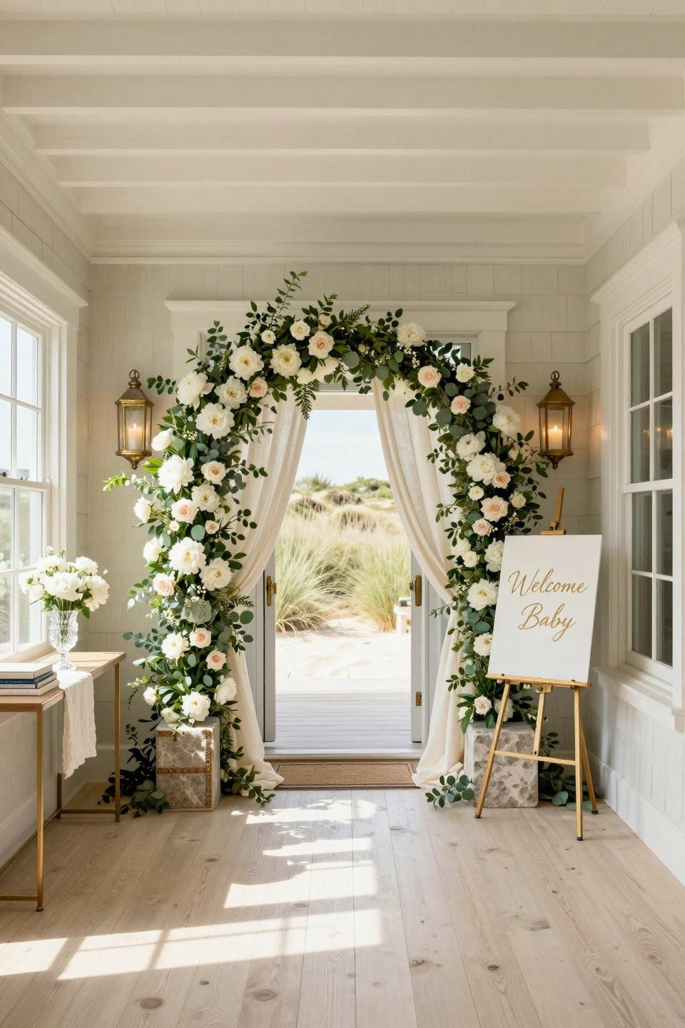 Baby shower inspiration featuring natural stone pedestal and Belgian linen in beach house